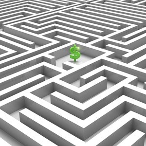 Green dollar sign in the middle of a white maze