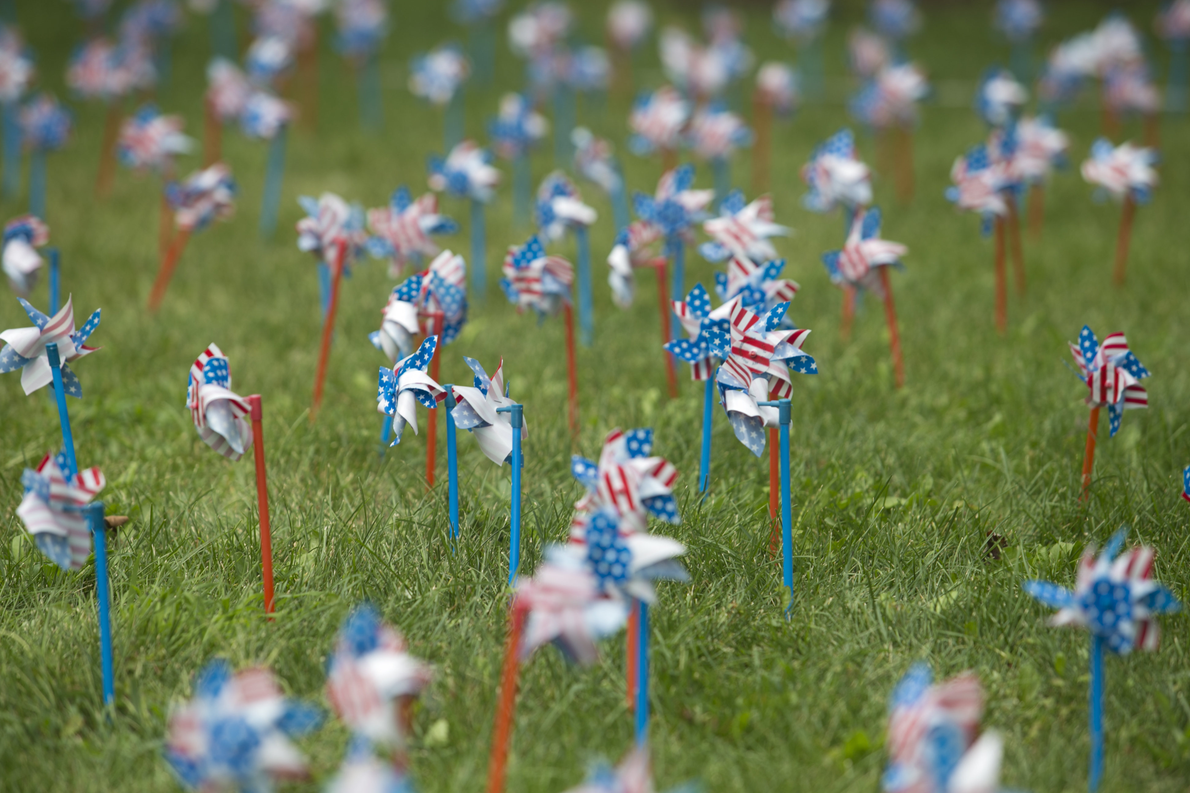 patriotic pinwheels in red, white and blue on a grass background