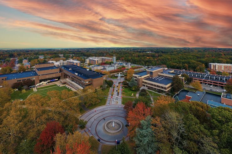 Aerial image of SBU campus at sunset