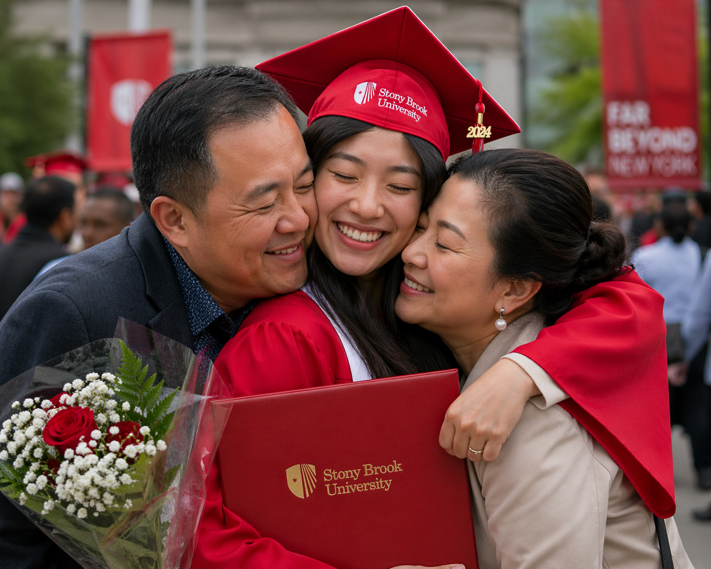 Family hugging at graduation