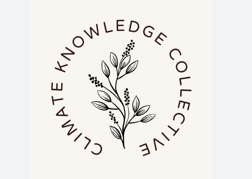 A minimalist logo featuring a delicate line drawing of a leafy plant at the center, surrounded by the words “Climate Knowledge Collective” arranged in a circular layout on a light background.