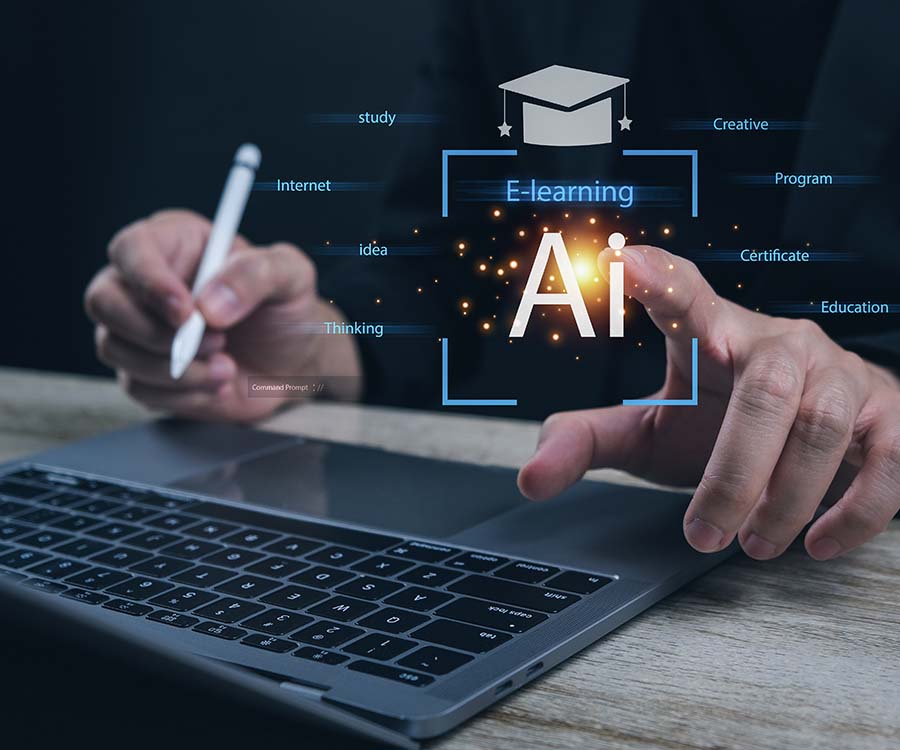 Person at a laptop computer with a pencil; AI and e-learning icon