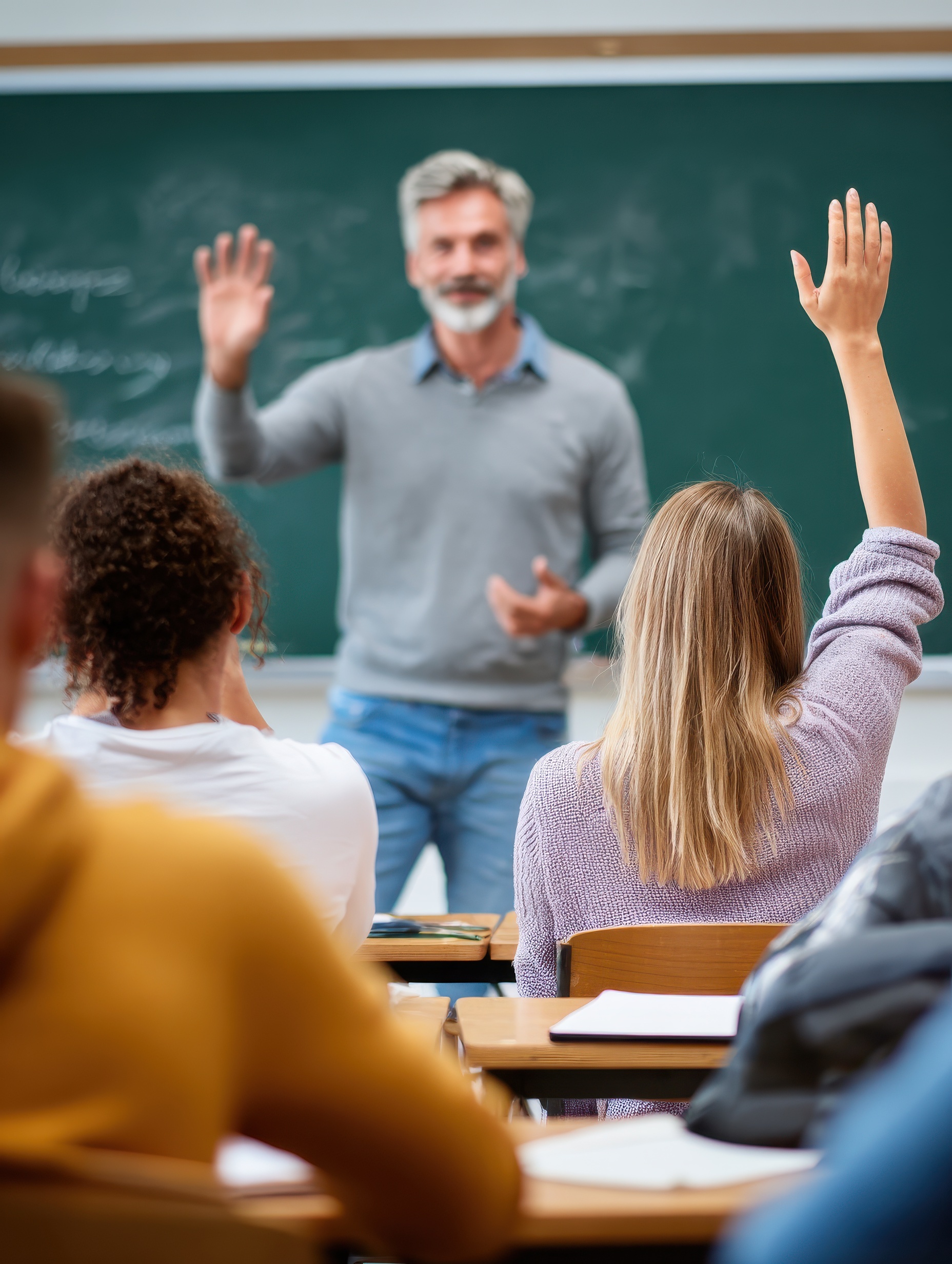 A professor asking for a student to raise their hand in class