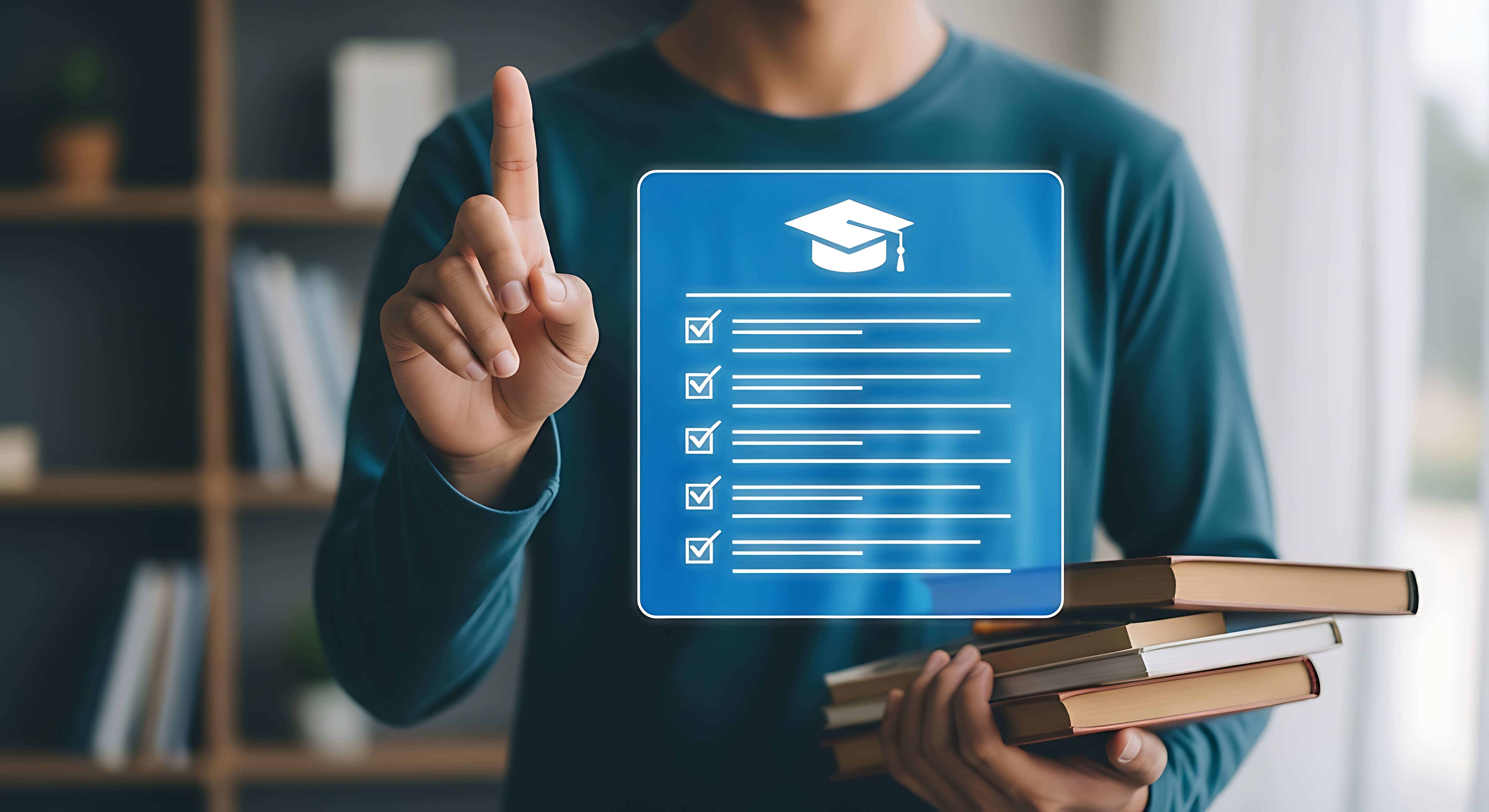 A person holding books with a checklist icon in front of them