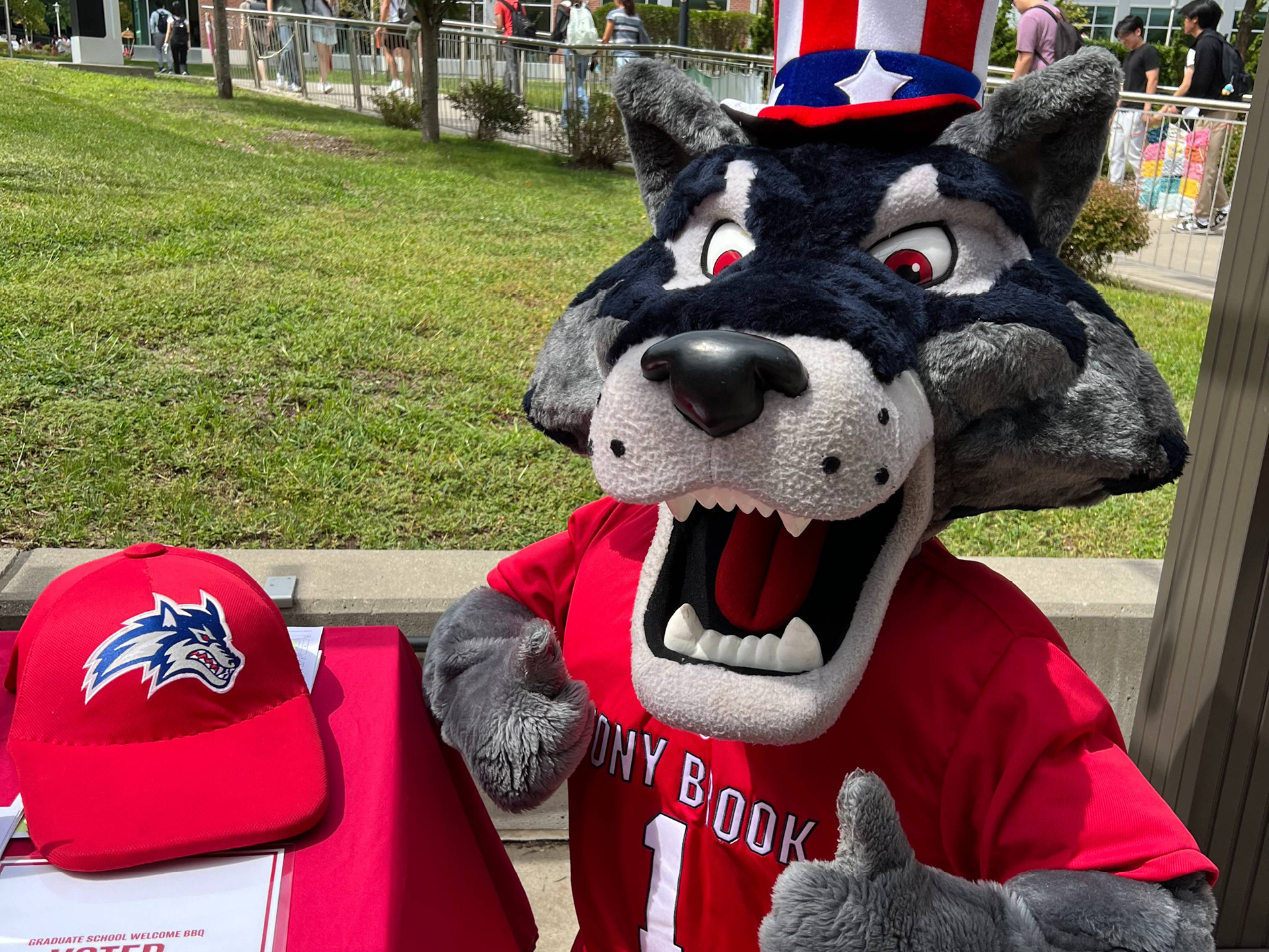 Wolfie wearing an Uncle Sam hat.