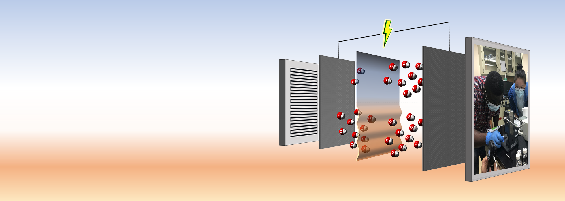 Diagram of a fuel cell with an image of students working on the end