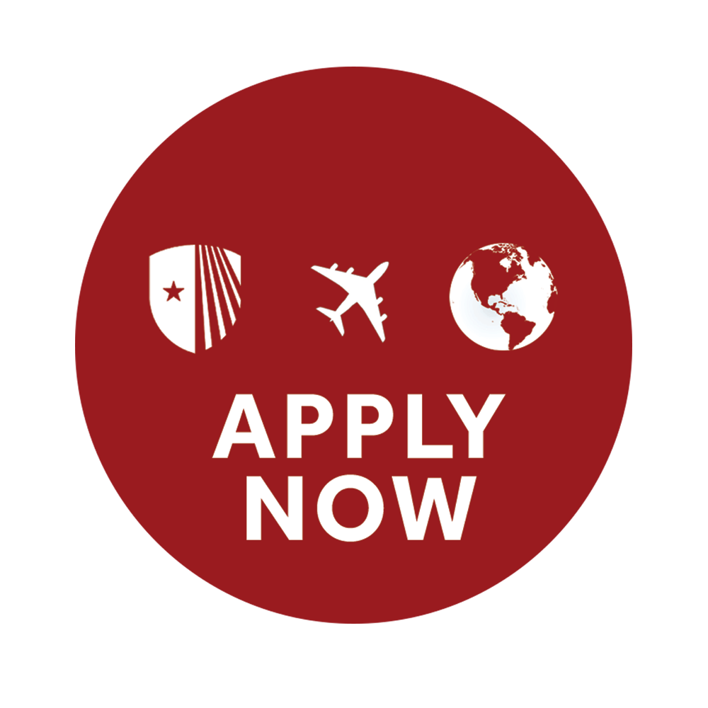 Red Apply Now Image with SBU shield, airplane, and globe