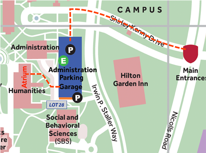 Cropped map of Stony Brook University with the path from the garage to Humanities highlighted
