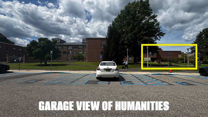 A view of the Humanities Building from the garage.