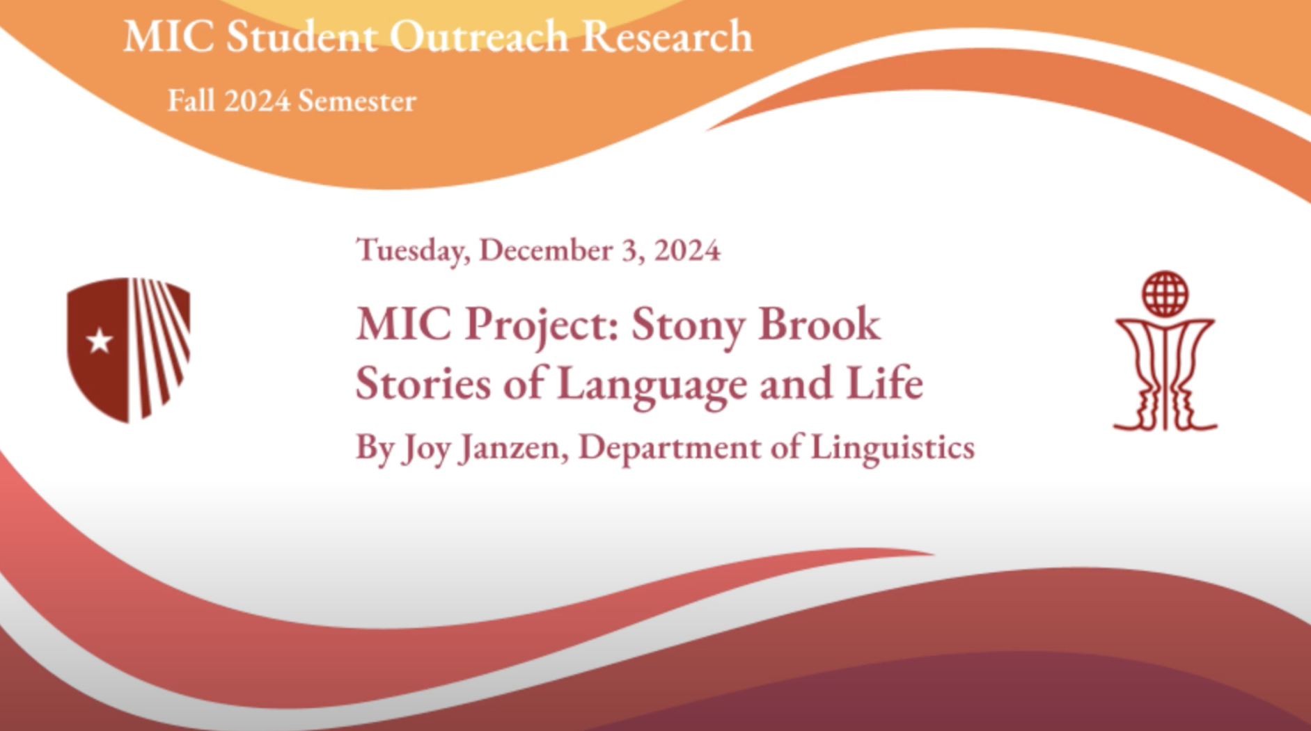 Title card from interview video with Joy Janzen on the Stony Brook stories of language and life as part of MIC student outreach project