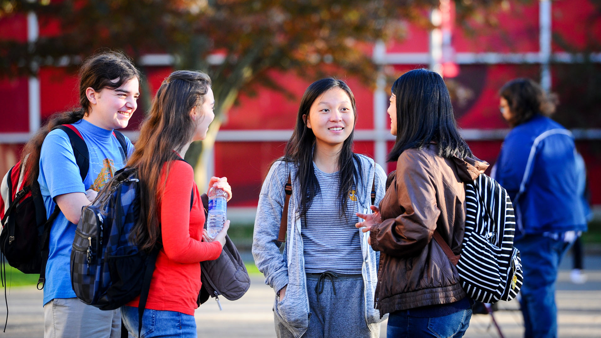 Students chatting outside on a sunny day.