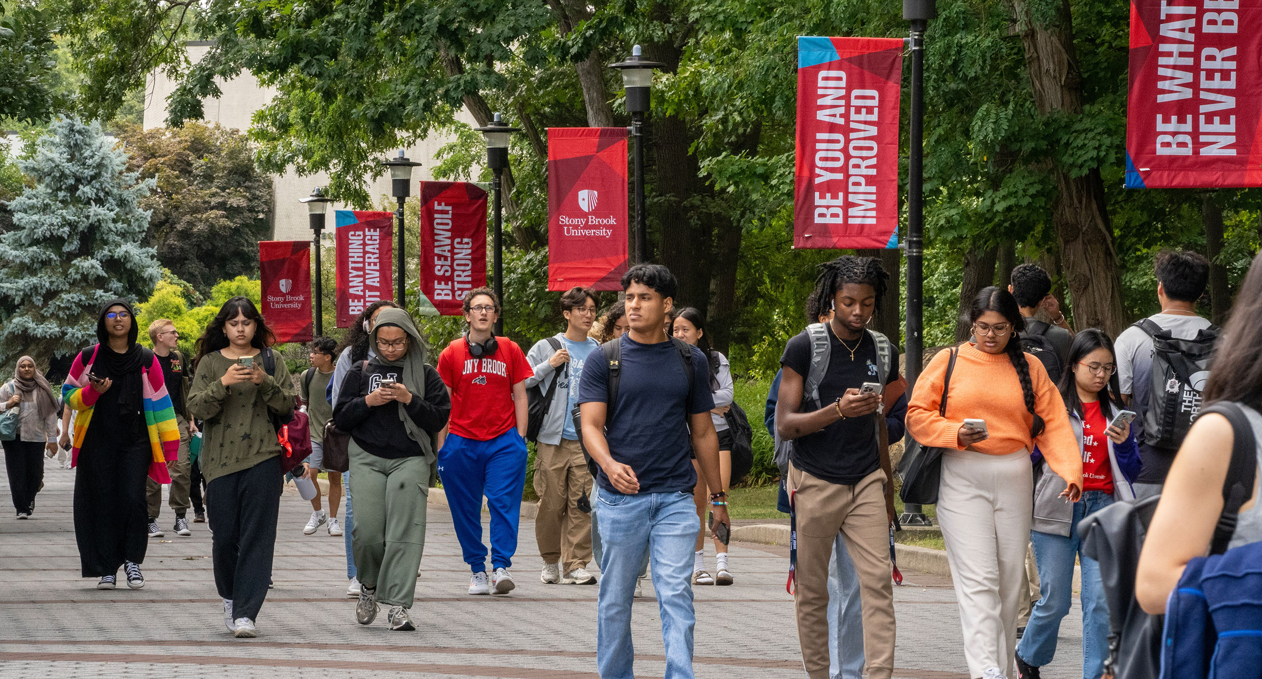 Stony Brook students walking outside