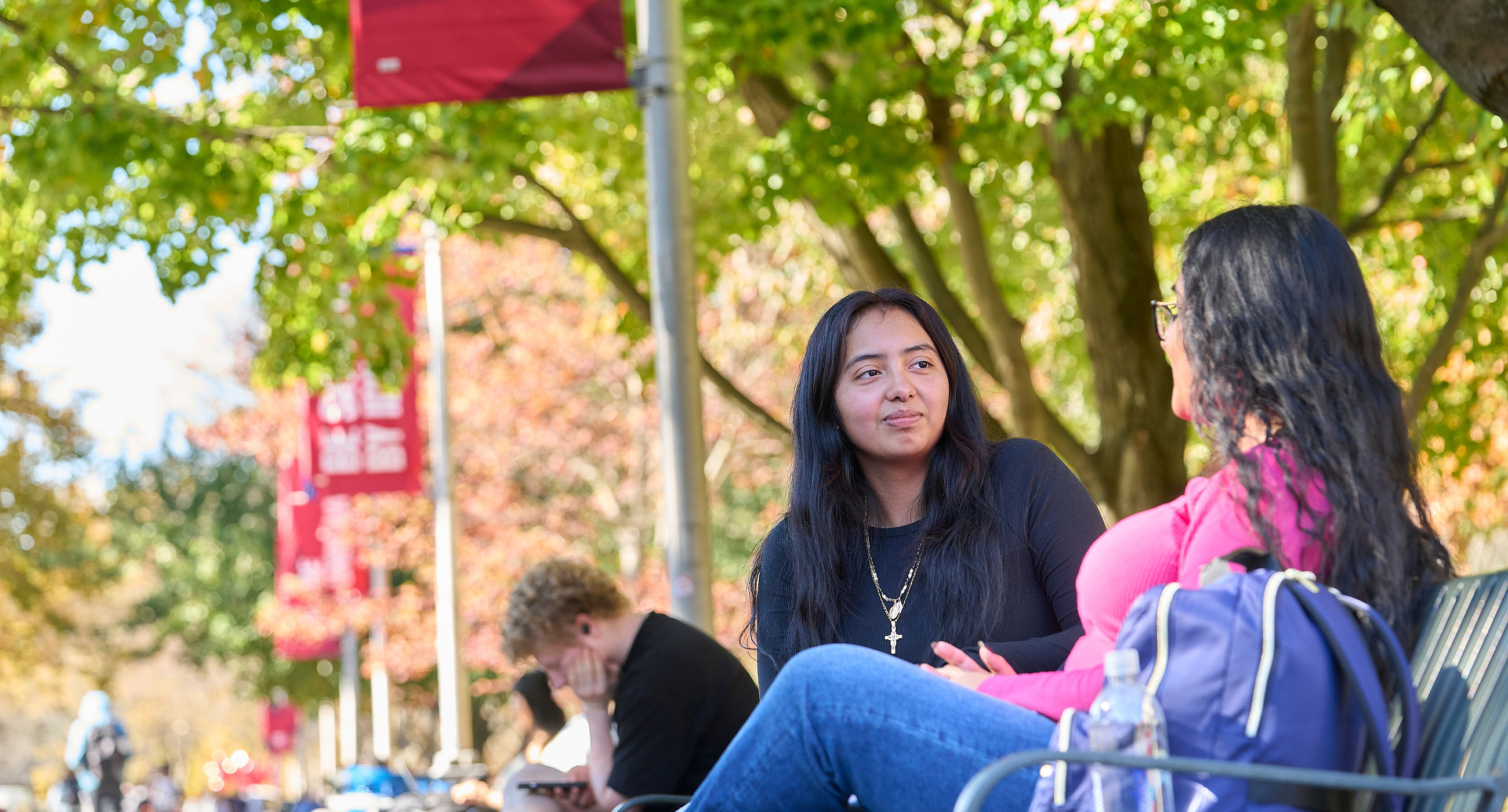Female students sitting on a bench, on the academic mall, talking.
