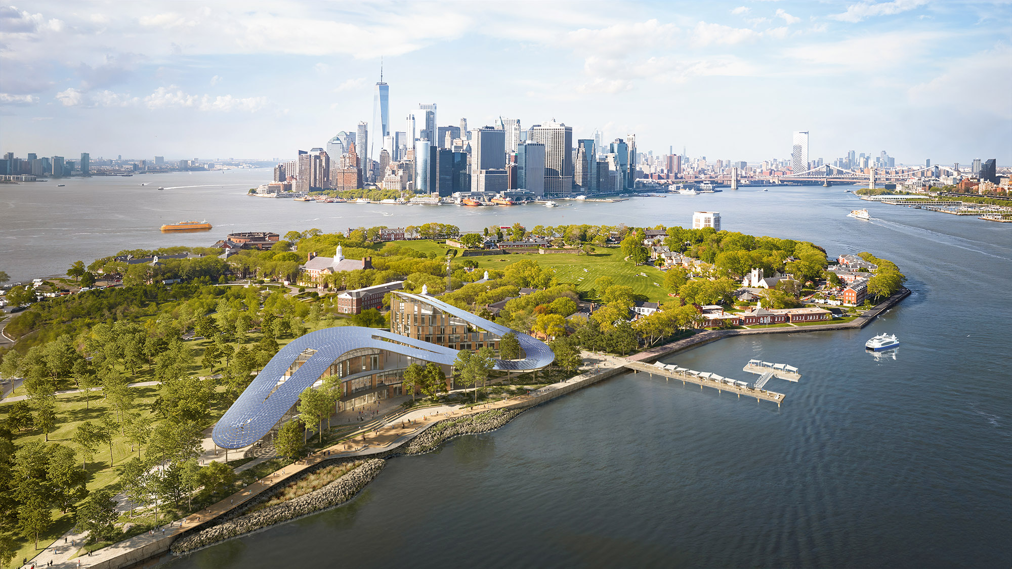 Manhattan skyline in the distance with Governors Island in the foreground