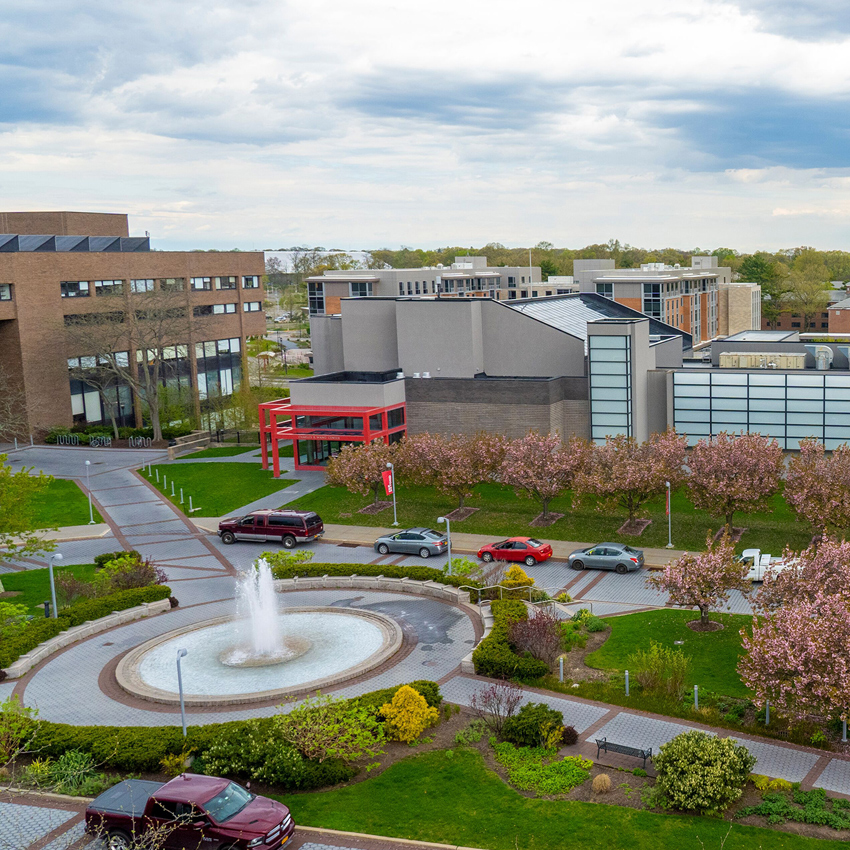 Academic mall drone shot from Stony Brook University