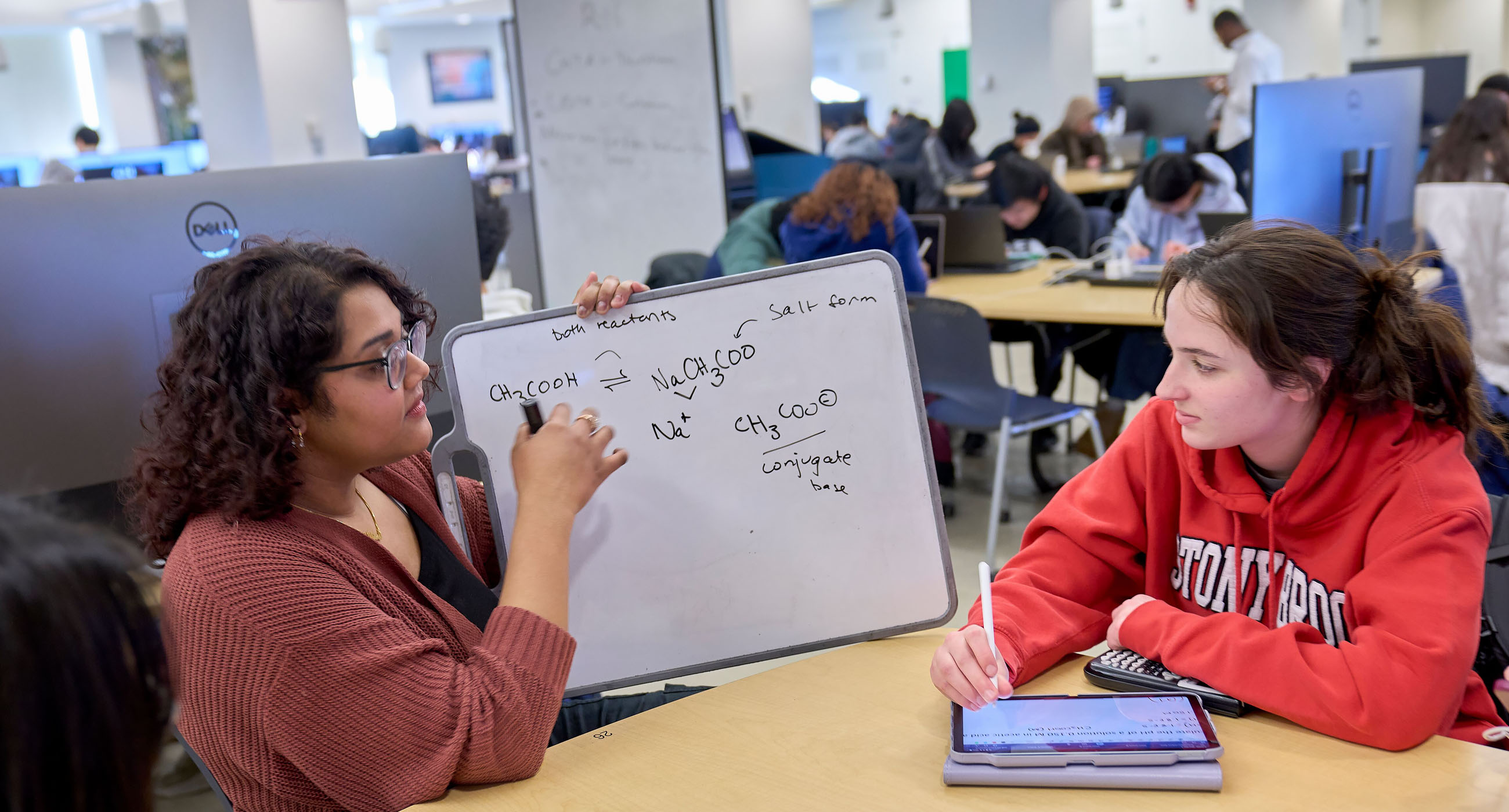 Student tutoring another student using a whiteboard during a study session 