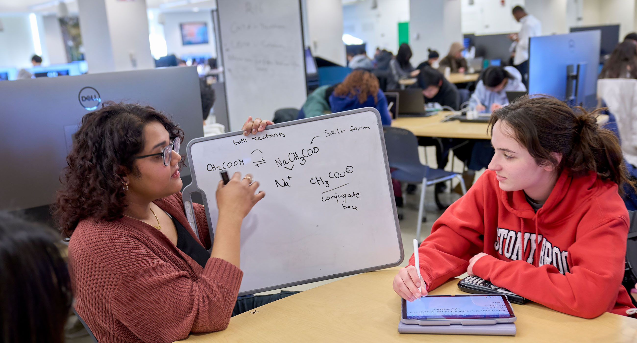 Students sitting around a tables teaching with a whiteboard