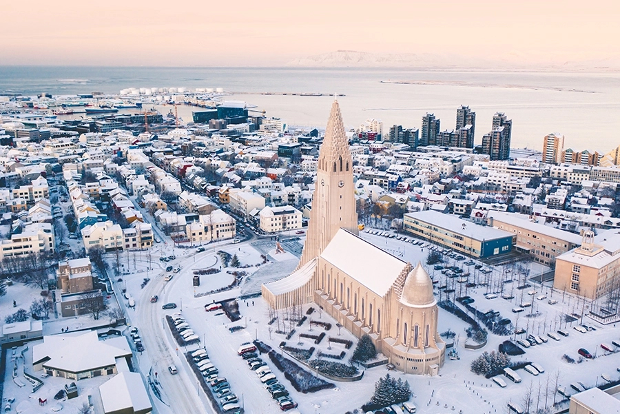 Aerial image of a city in Iceland