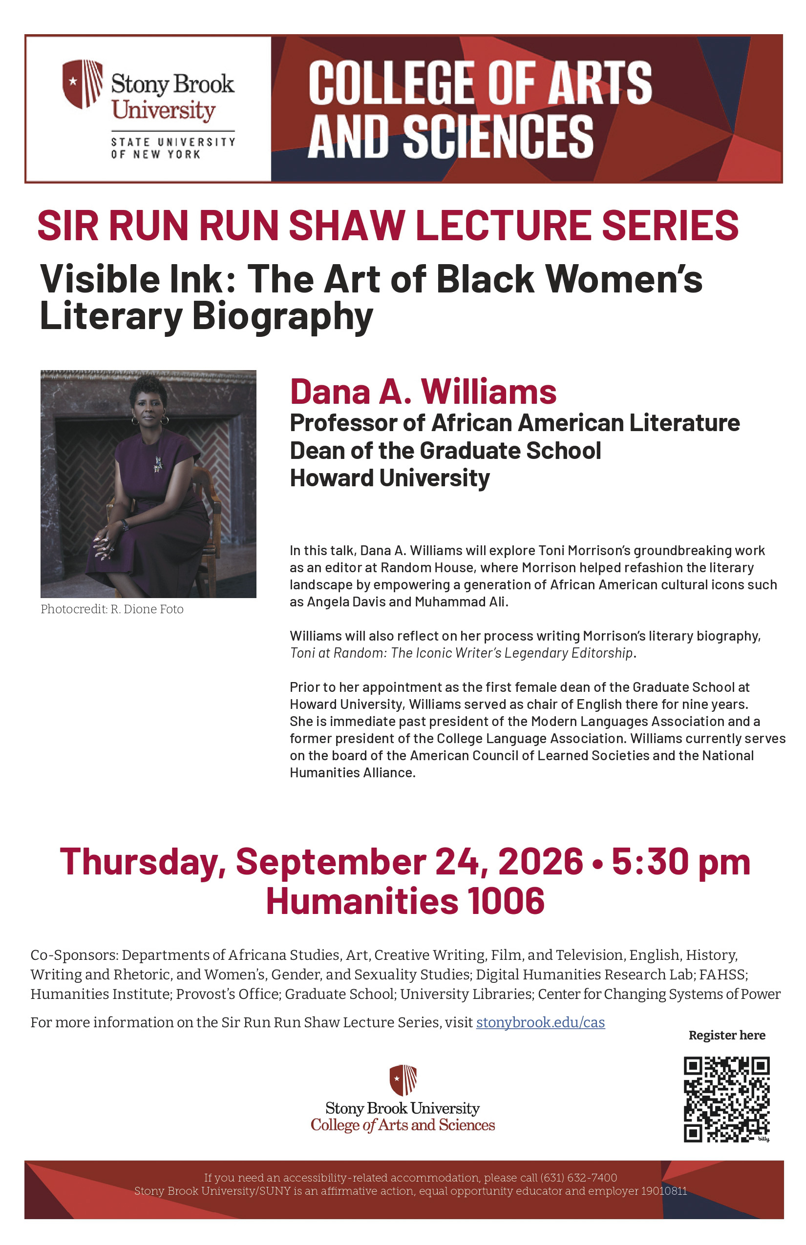 Dean Dana Williams of Howard University to speak at Toni Morrison event Thursday, September 24th 11:00AM in 1006 Humanities