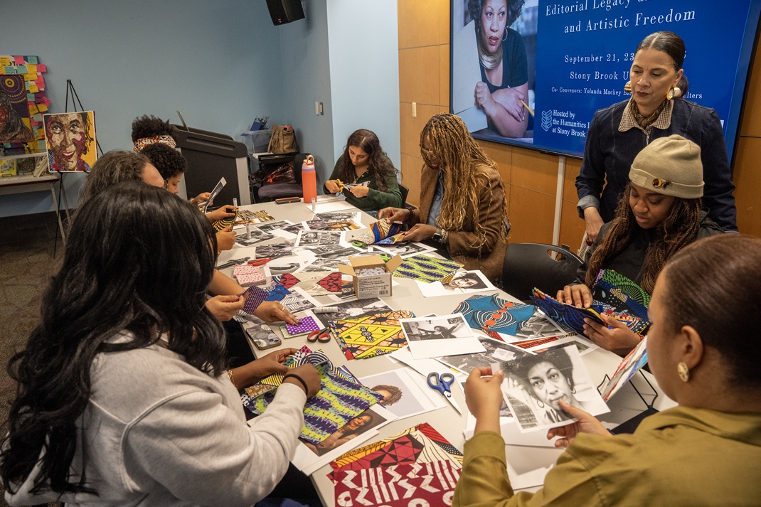 Students and faculty at collage workshop honoring editorial work of Toni Morrison