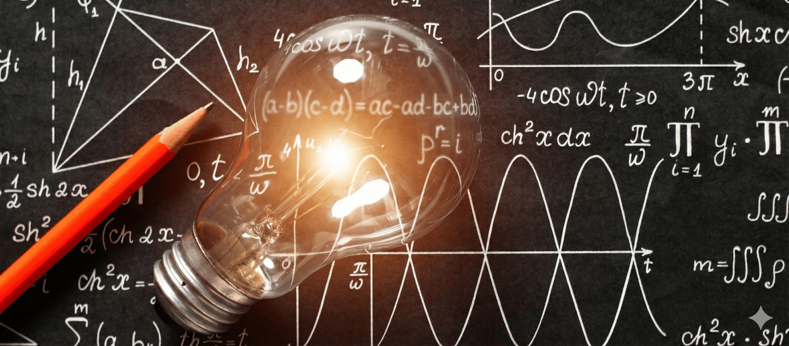A glowing light bulb overlays chalkboard math equations, symbolizing creativity and innovation. A sharp red pencil rests on the board, enhancing the intellectual theme.