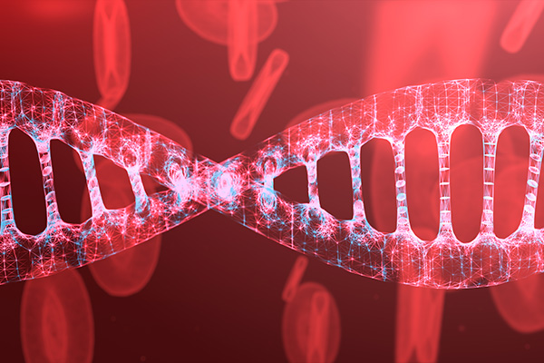 A glowing red DNA double helix set against a blurred red background with abstract shapes, conveying a futuristic and scientific tone.