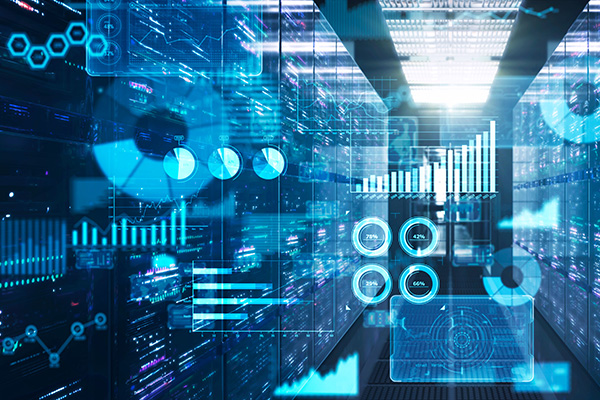 Futuristic data center with glowing blue graphs and charts overlaying server racks, conveying a high-tech, digital and analytical atmosphere.