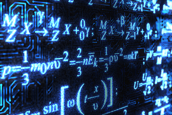 Glowing blue mathematical formulas and symbols on a dark digital background. The image evokes a sense of technology and advanced computation.