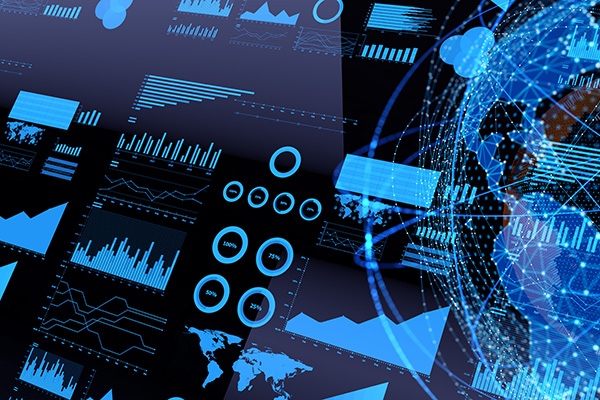 A digital collage of blue data visualizations and charts overlaying a glowing globe on a dark background, conveying global data analysis and technology themes.