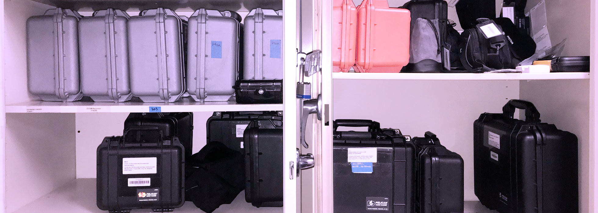 Equipment boxes are on the shelves in Checkout Room