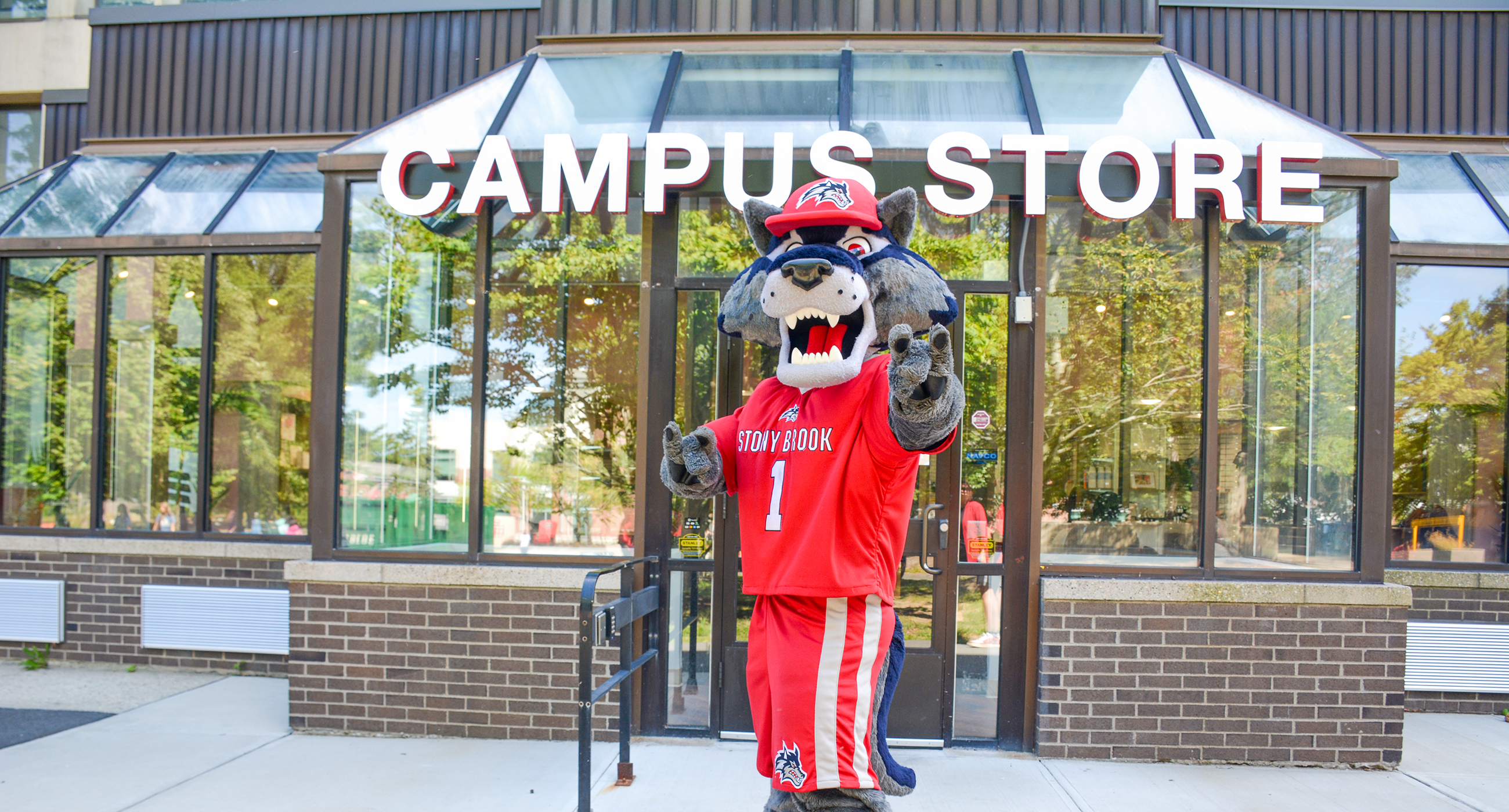 Wolfie outside of the campus store