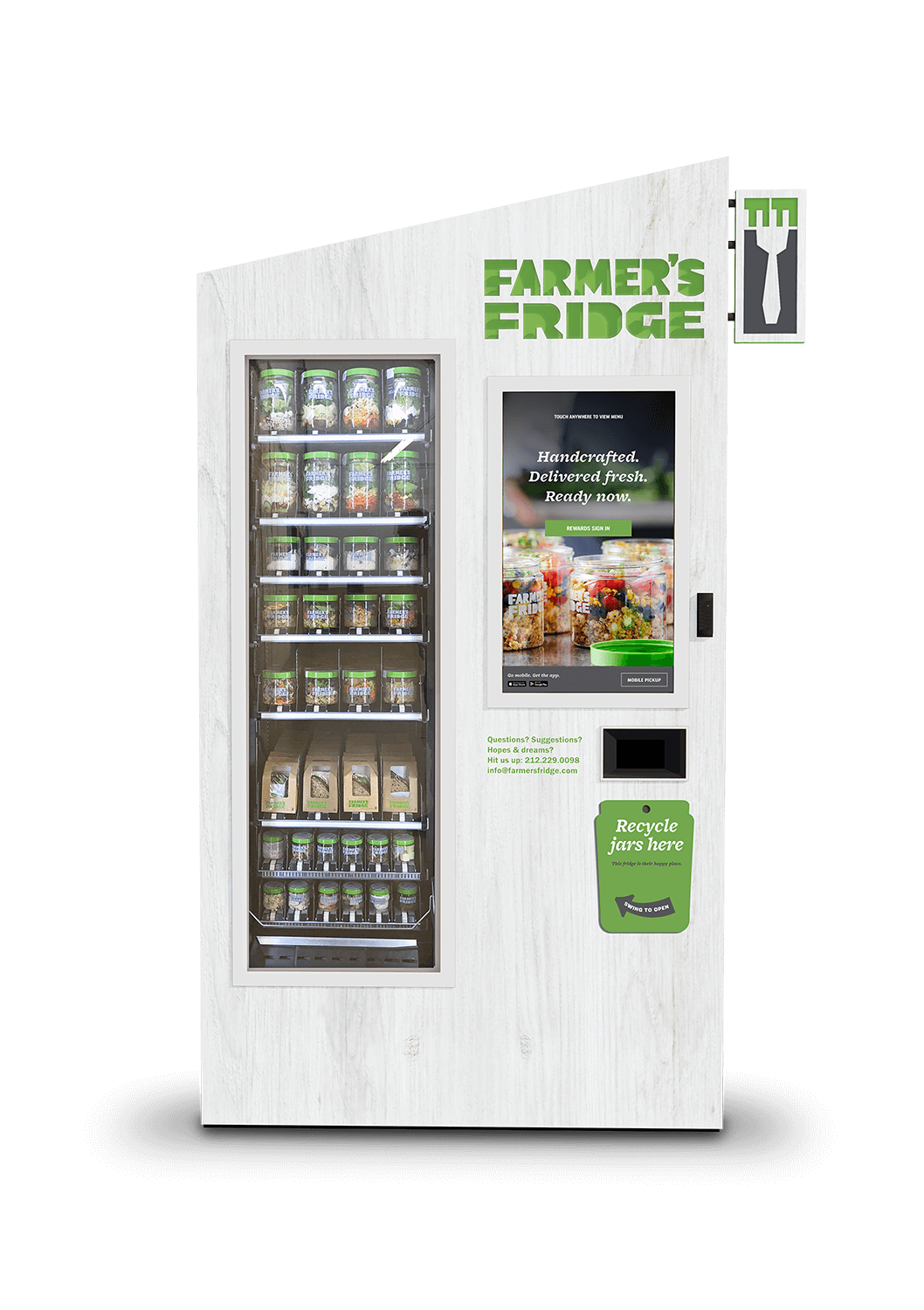 Farmer's Fridge vending machine with food jars and a touchscreen interface