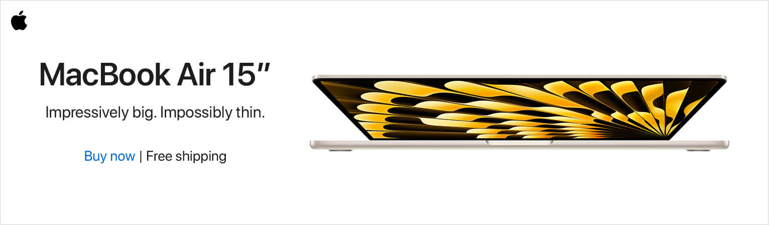 Ad for MacBook Air 15", highlighting its thin profile with a vivid yellow and black screen design.