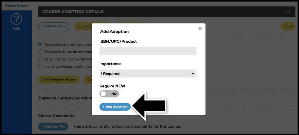 Web interface showing an "Add Adoption" pop-up with fields and an arrow pointing to the "+ Add Adoption" button.