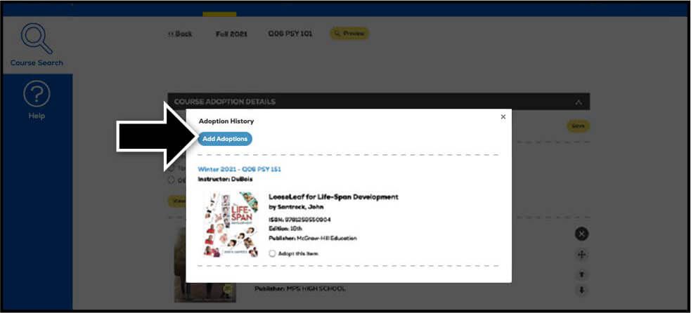 Pop-up window showing course adoption details with a focus on adding adoptions.