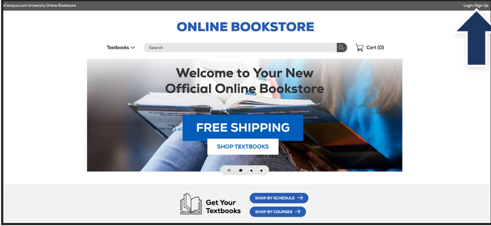 Online bookstore homepage with a blue arrow pointing to the Login/Sign Up link in the upper right corner.