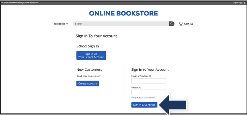 Sign-in page with input fields for Email or Student ID and Password, with a blue arrow pointing to the Sign In & Continue button.