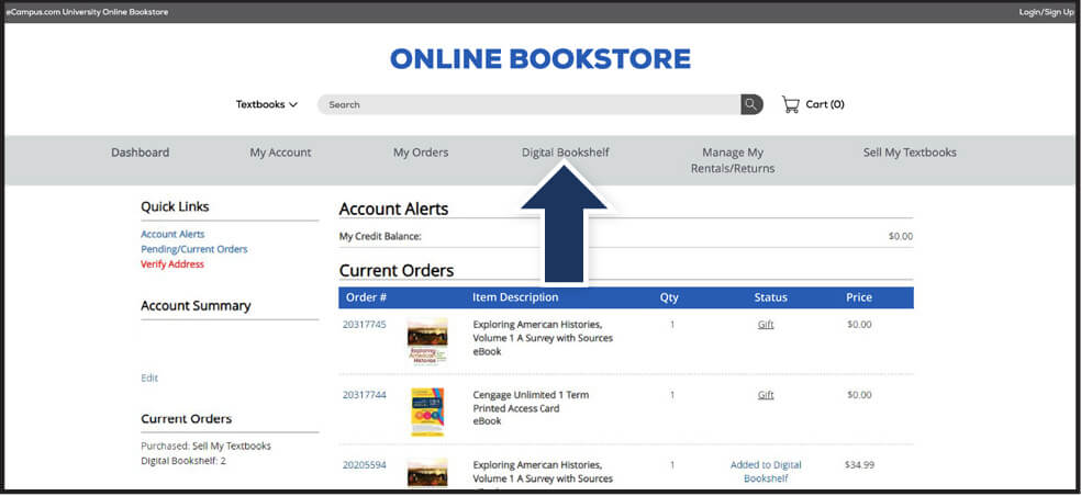 Account page showing order details, with a blue arrow pointing to the Digital Bookshelf option in the navigation bar.