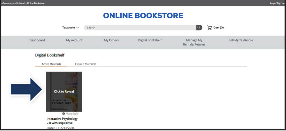 Digital Bookshelf page displaying Active Materials, with a blue arrow pointing to an Interactive Psychology textbook thumbnail overlay that reads Click to Reveal.