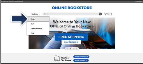 Online bookstore homepage with a blue arrow pointing to the Order option under the Textbooks drop-down menu.