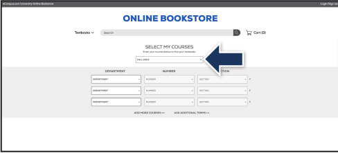 Select My Courses page with a blue arrow pointing to the academic term drop-down menu.