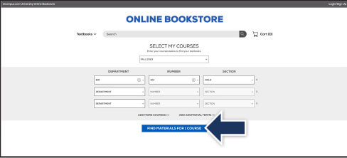 Course selection form with department, number, and section filled in, and a blue arrow pointing to the Find Materials for 1 Course button.