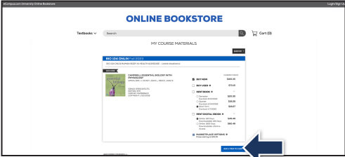 Course materials page showing a textbook listing with a blue arrow pointing to the Add 1 Item to Cart button.