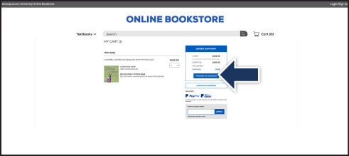 My Cart page with an Order Summary section and a blue arrow pointing to the Proceed to Checkout button.