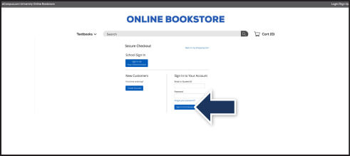 Secure Checkout page with sign-in options and a blue arrow pointing to the Sign In to Your Account button.