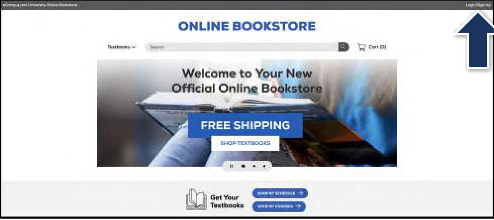 Online bookstore homepage with a blue arrow pointing to the Login/Sign Up link in the top right corner.