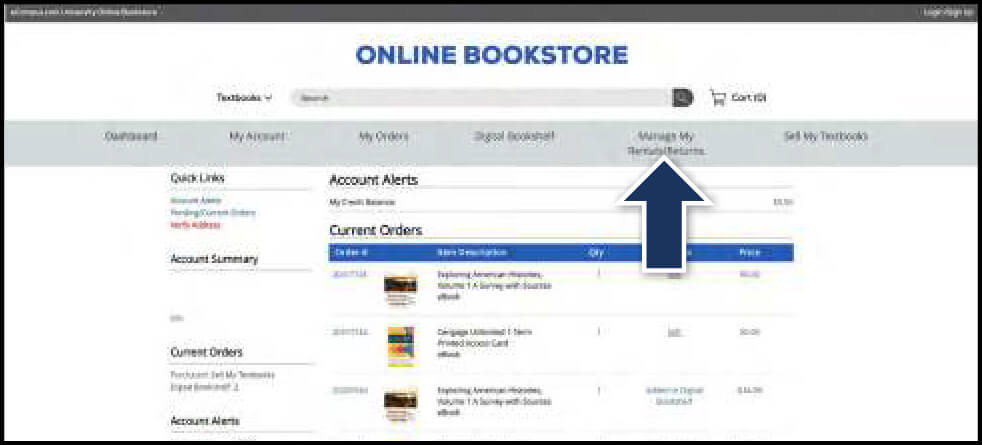 Account dashboard with a blue arrow pointing to the Manage My Rentals/Returns tab in the navigation bar.