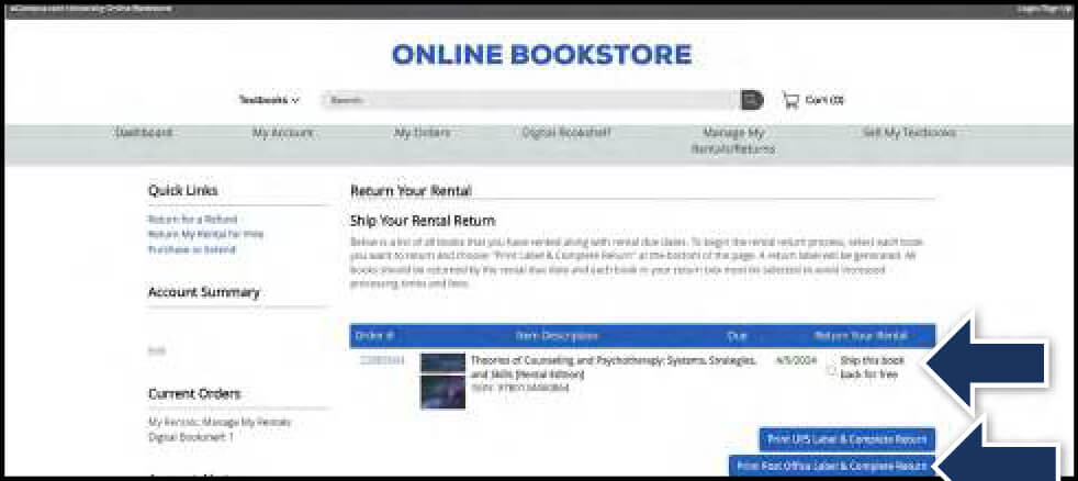 Ship Your Rental Return page showing listed rentals, with arrows pointing to the checkbox to select a book and the print label buttons at the bottom.