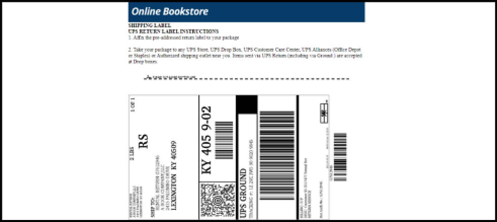 Generated UPS shipping label page with packing instructions and a printable return shipping label with bar codes.