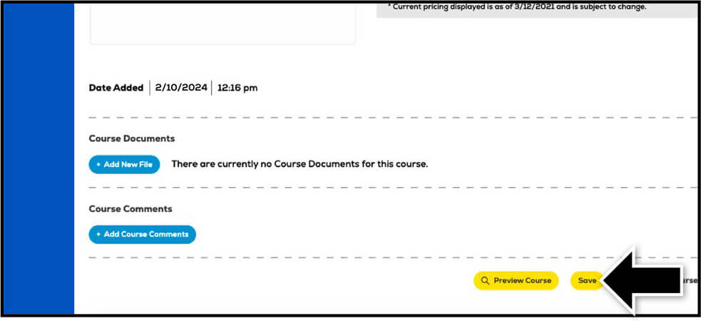 Webpage interface with options for adding course documents and comments, and buttons to preview and save the course.